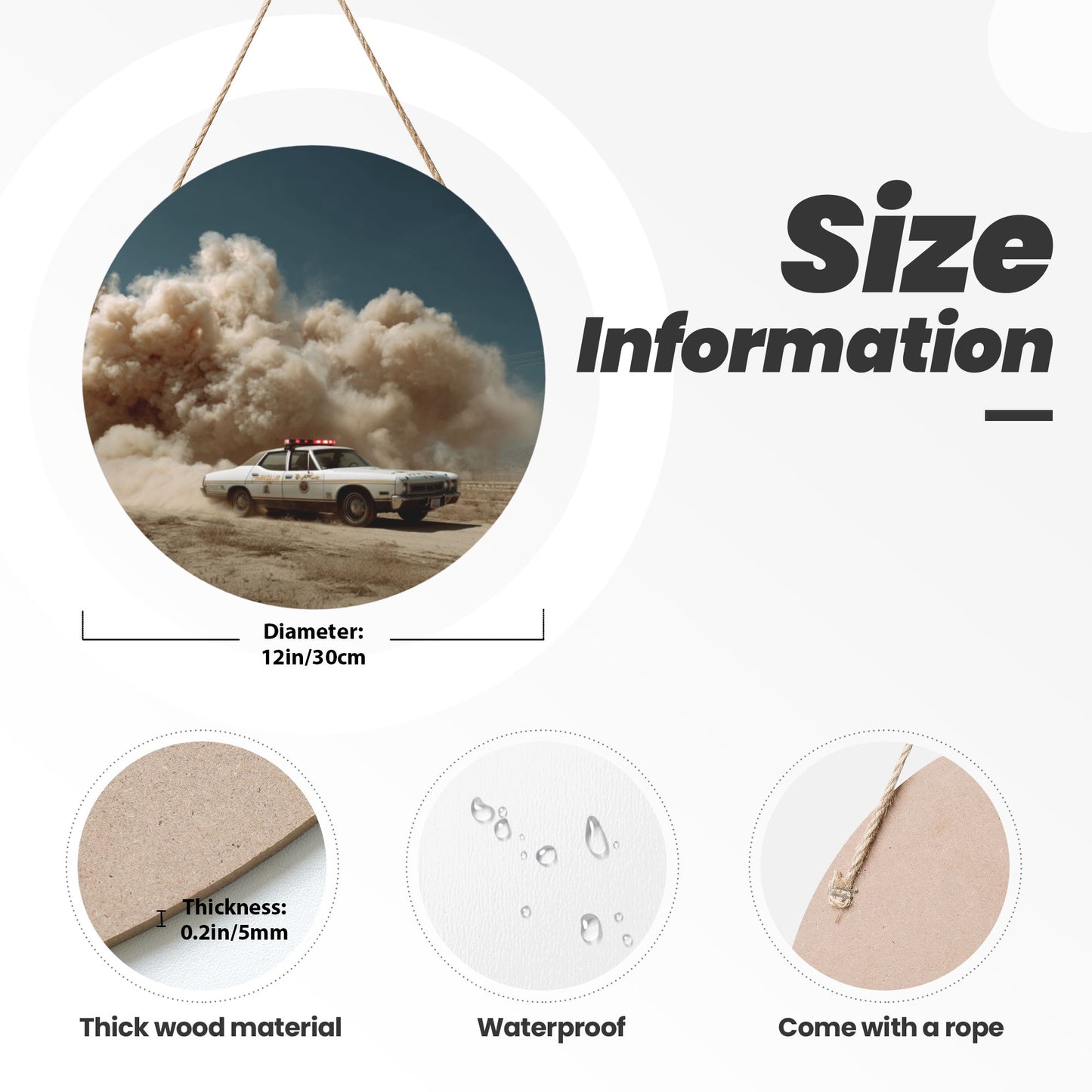 Round Wooden Wall Art · Captivating Dust Storm Car Scene for a Cinematic Atmosphere