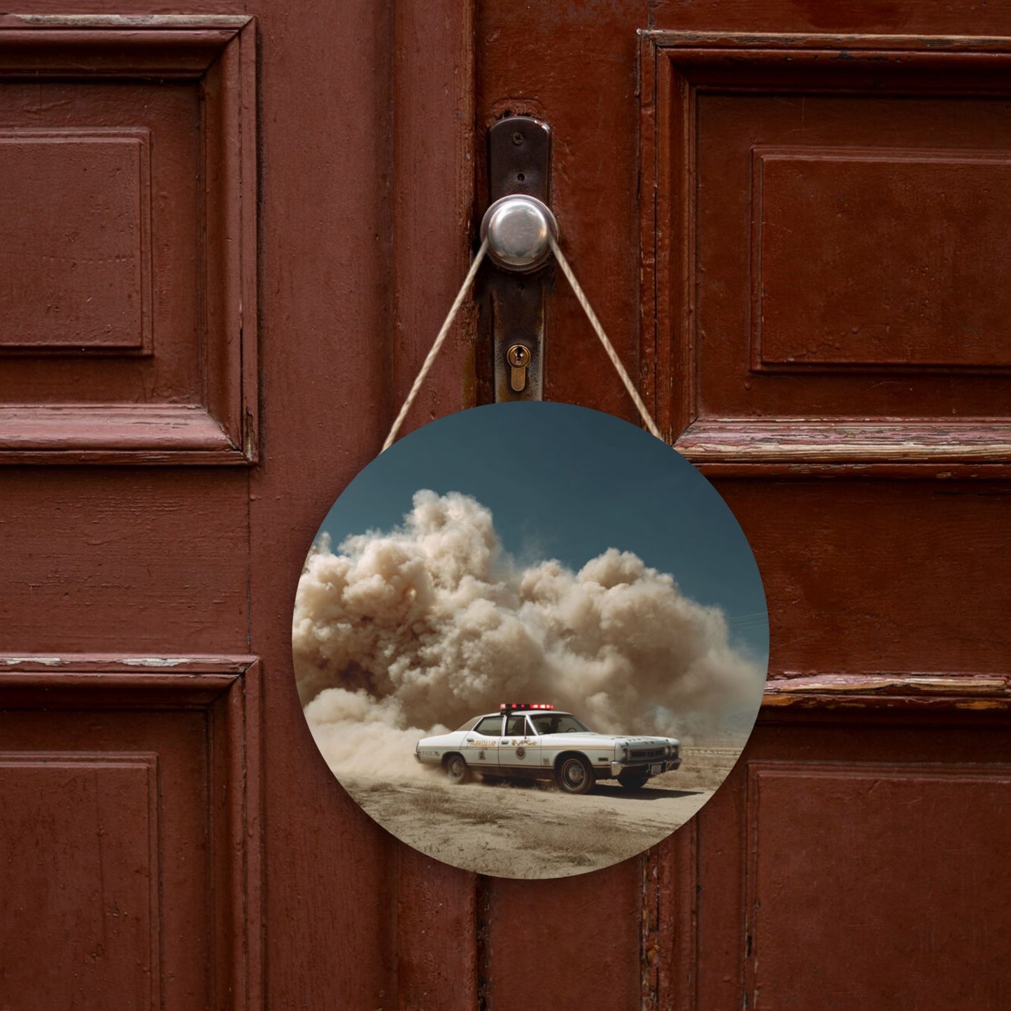 Round Wooden Wall Art · Captivating Dust Storm Car Scene for a Cinematic Atmosphere