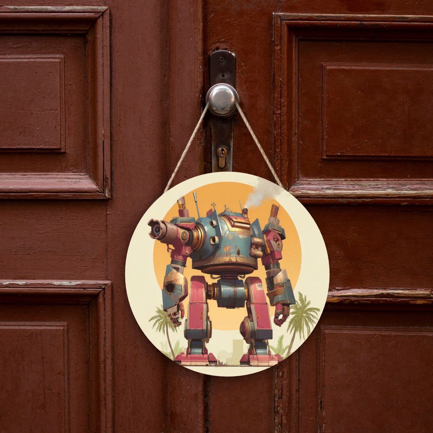 Round Wooden Wall Art · Futuristic Mecha Design with Bold Aesthetic