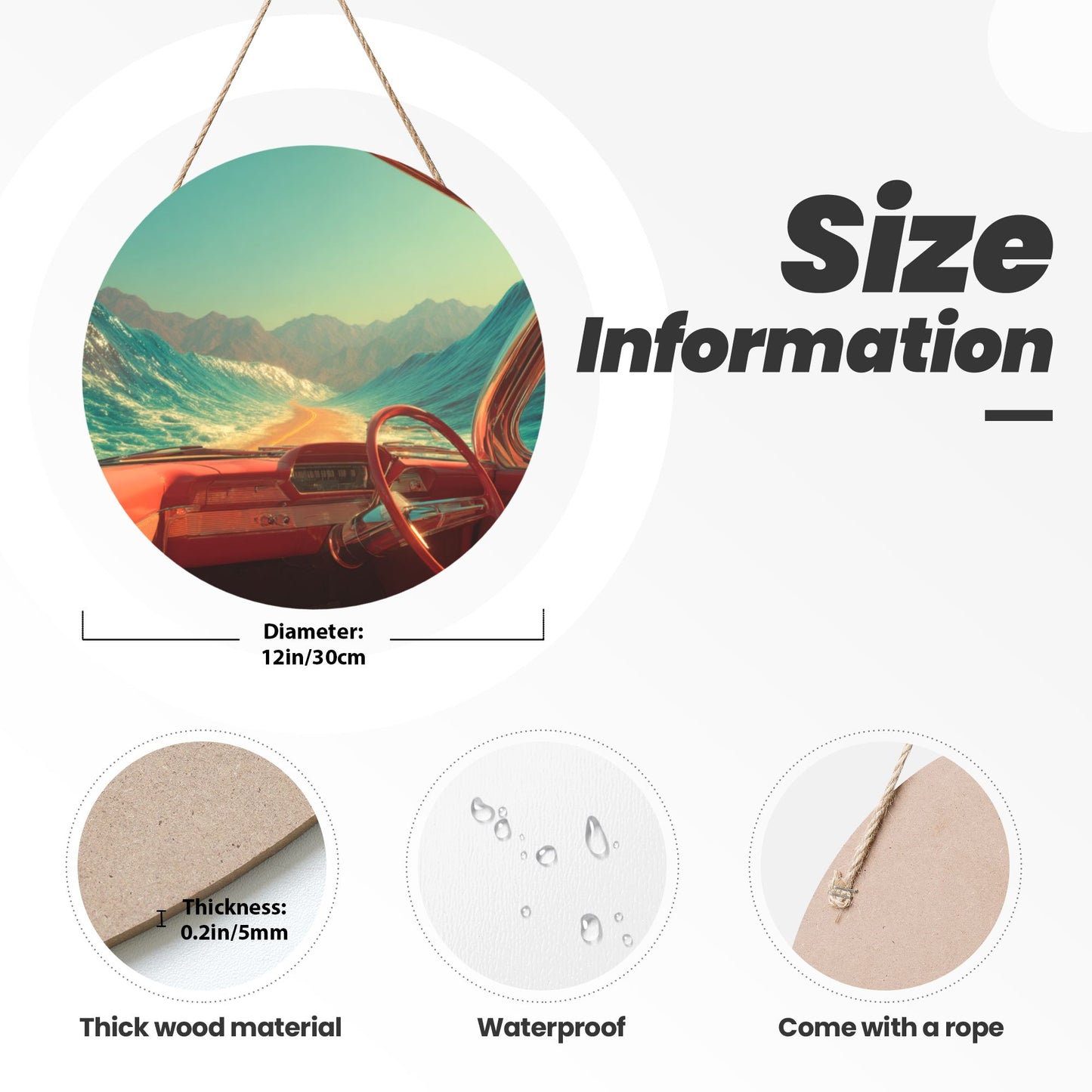 Round Wooden Wall Art · Surreal Highway and Ocean Wave View for Immersive Aesthetics
