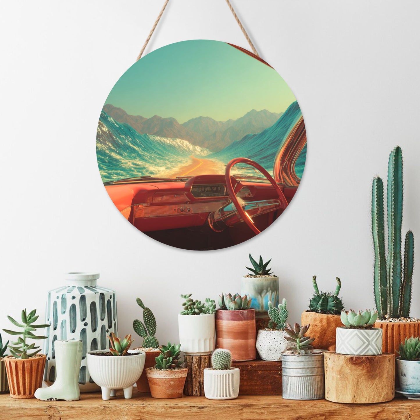 Round Wooden Wall Art · Surreal Highway and Ocean Wave View for Immersive Aesthetics