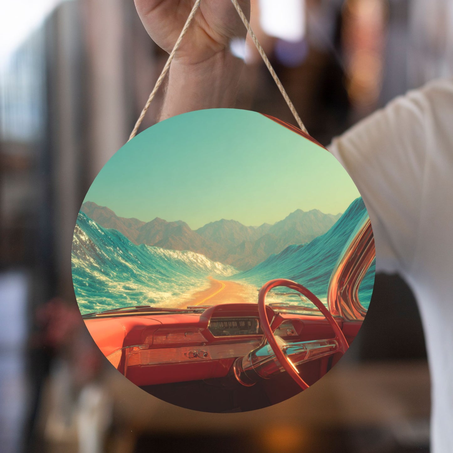 Round Wooden Wall Art · Surreal Highway and Ocean Wave View for Immersive Aesthetics