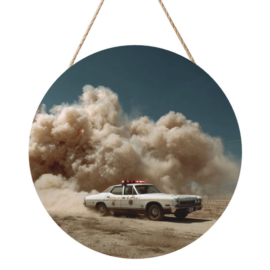 Round Wooden Wall Art · Captivating Dust Storm Car Scene for a Cinematic Atmosphere