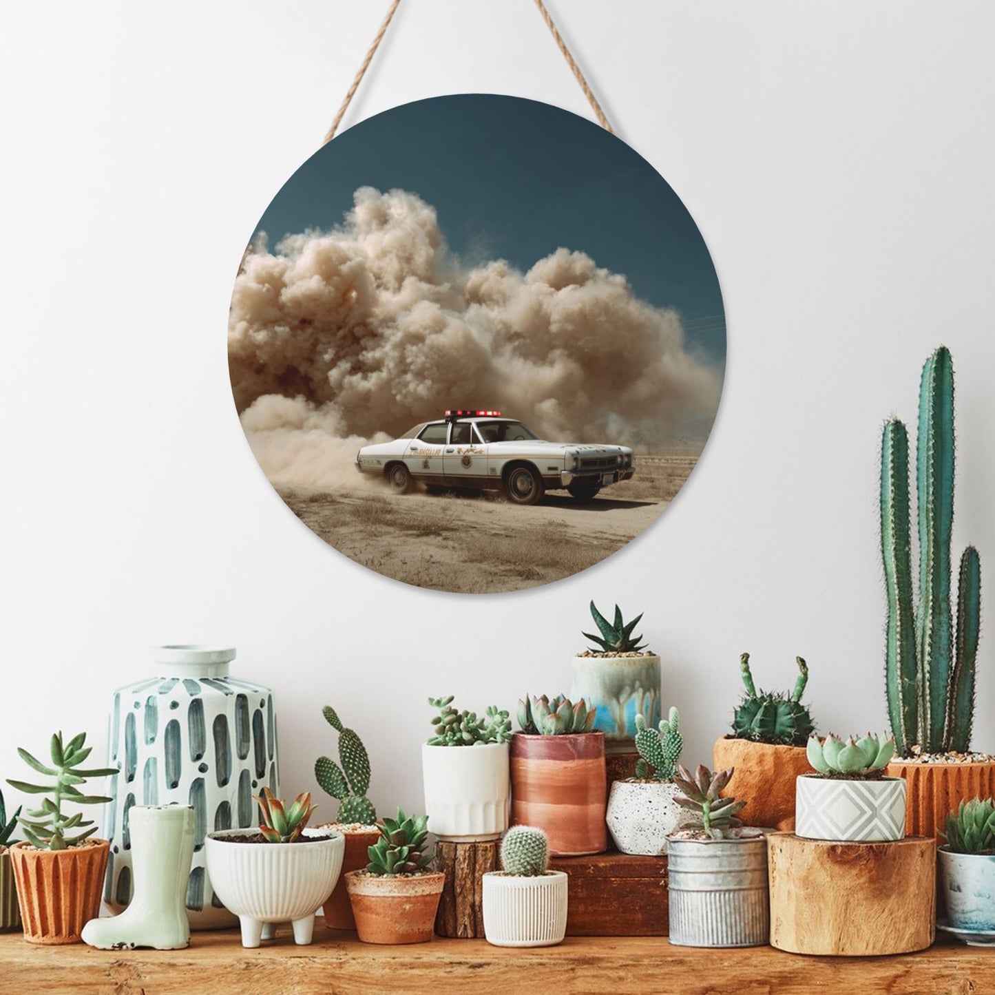 Round Wooden Wall Art · Captivating Dust Storm Car Scene for a Cinematic Atmosphere