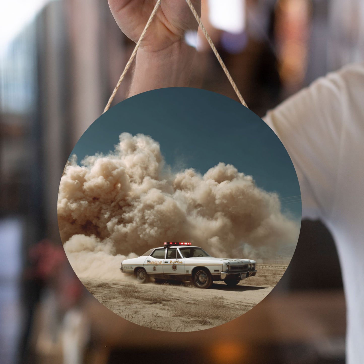Round Wooden Wall Art · Captivating Dust Storm Car Scene for a Cinematic Atmosphere