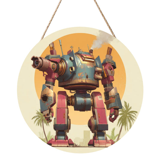 Round Wooden Wall Art · Futuristic Mecha Design with Bold Aesthetic
