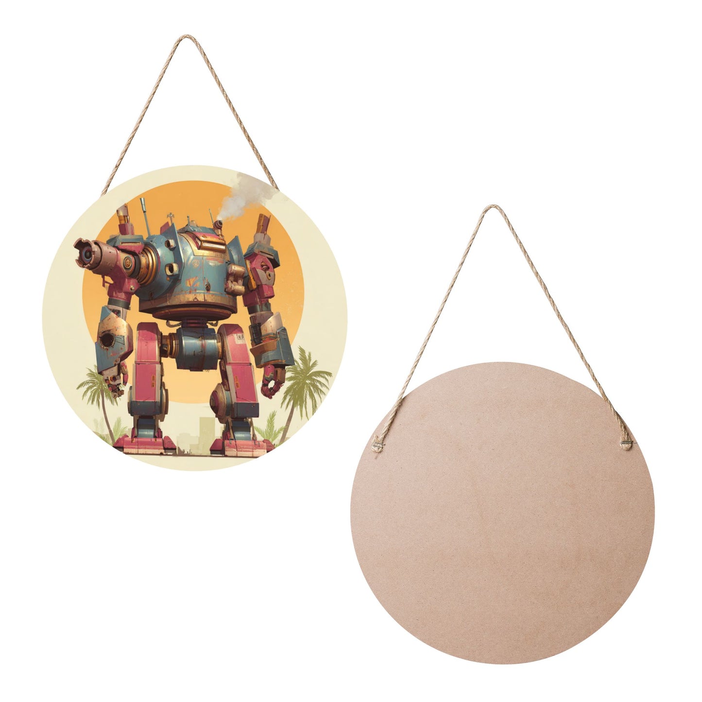 Round Wooden Wall Art · Futuristic Mecha Design with Bold Aesthetic