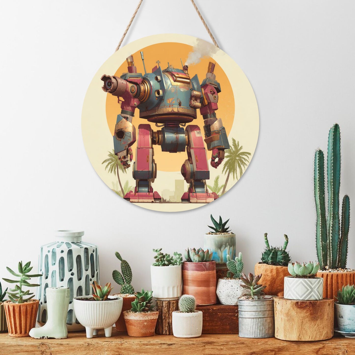 Round Wooden Wall Art · Futuristic Mecha Design with Bold Aesthetic
