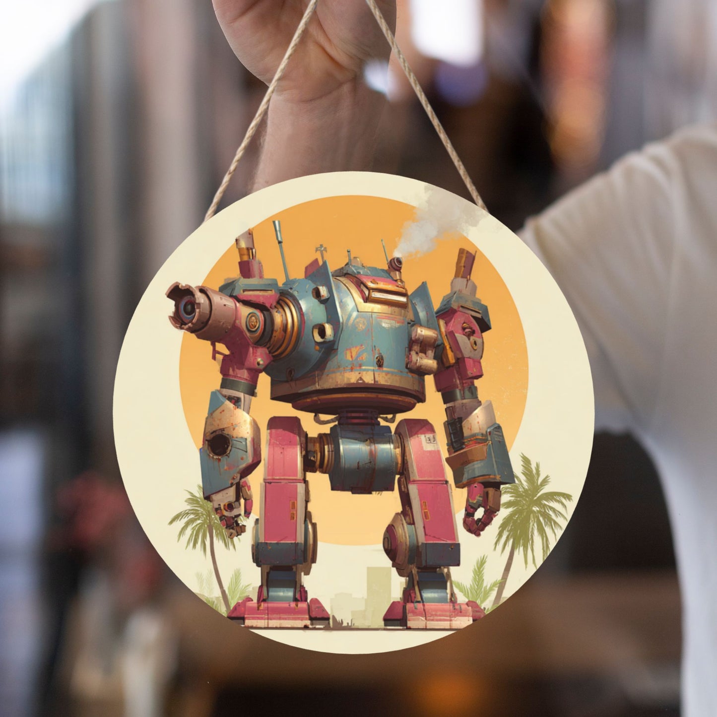 Round Wooden Wall Art · Futuristic Mecha Design with Bold Aesthetic