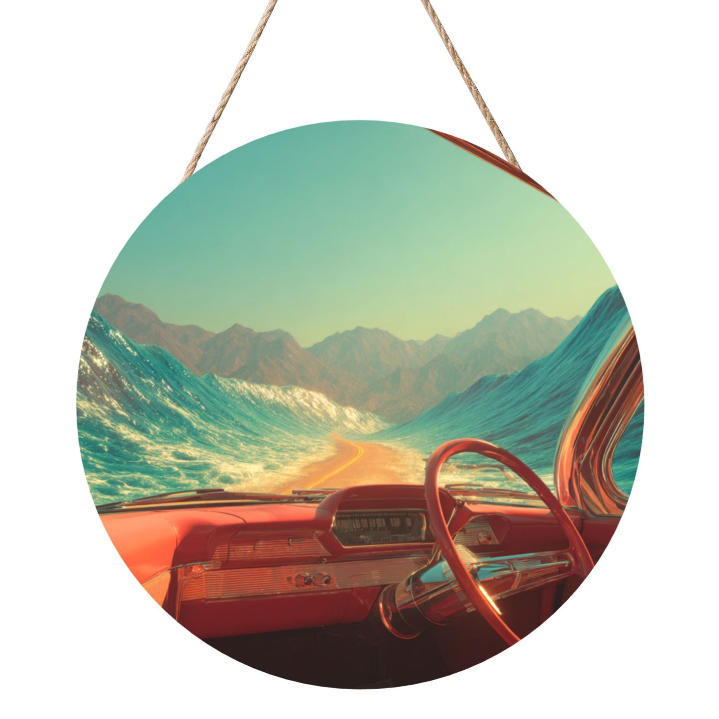 Round Wooden Wall Art · Surreal Highway and Ocean Wave View for Immersive Aesthetics
