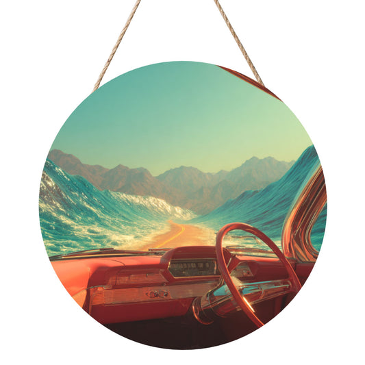 Round Wooden Wall Art · Surreal Highway and Ocean Wave View for Immersive Aesthetics