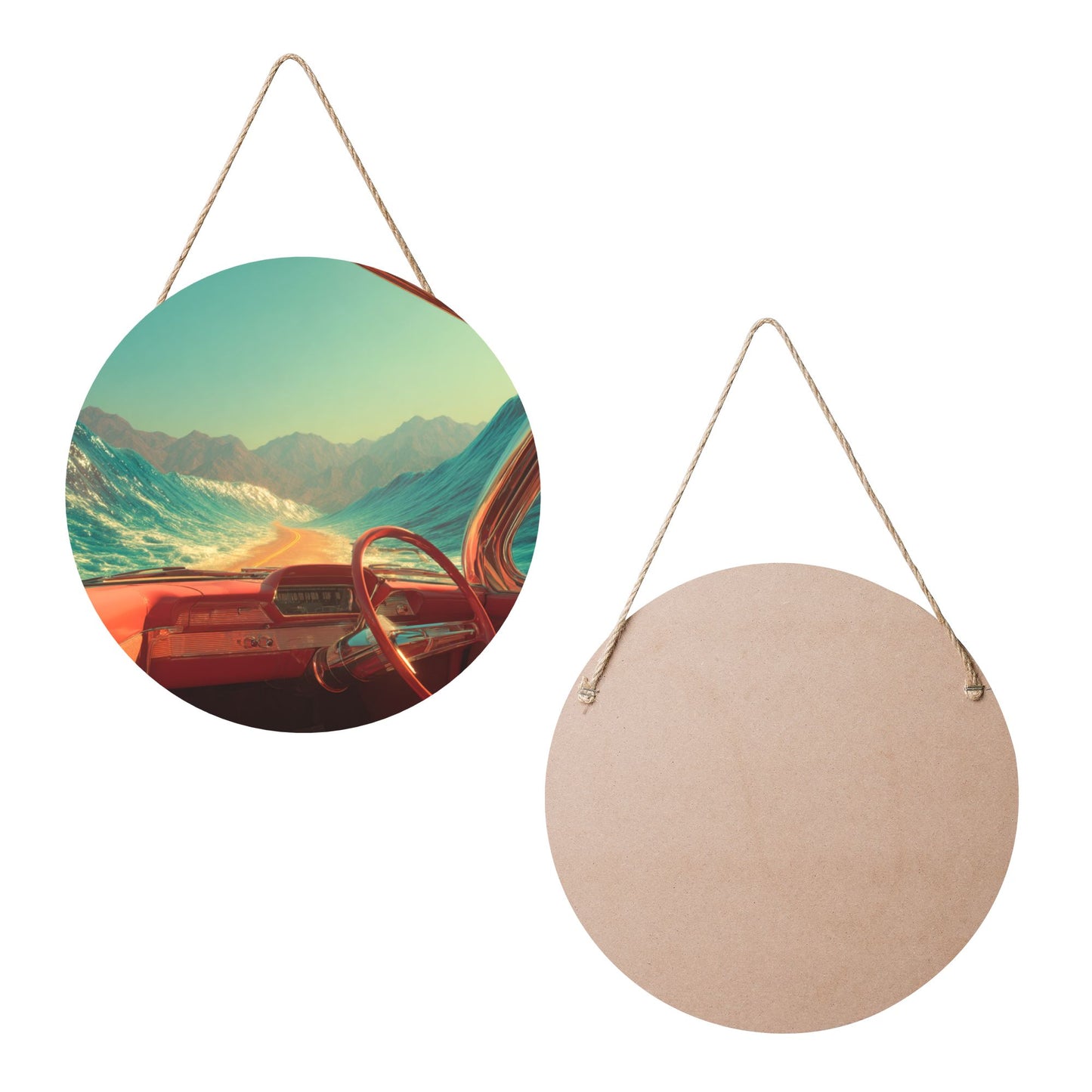 Round Wooden Wall Art · Surreal Highway and Ocean Wave View for Immersive Aesthetics