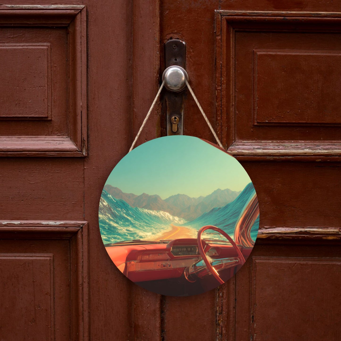 Round Wooden Wall Art · Surreal Highway and Ocean Wave View for Immersive Aesthetics