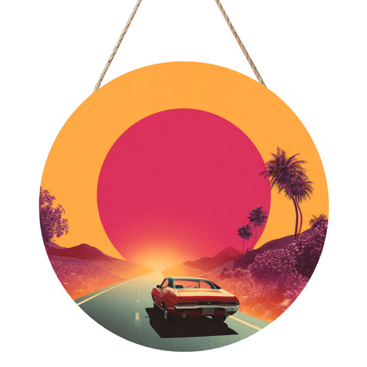 Round Wooden Wall Art · Driver’s View Sunset Road | Retro Artistic Wall Hanging Decor | Waterproof Thick Wood with Rope, Perfect for Home & Café