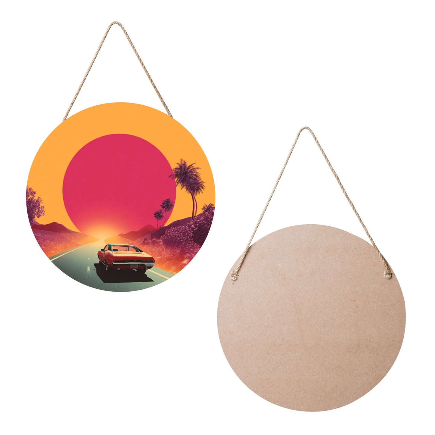 Round Wooden Wall Art · Driver’s View Sunset Road | Retro Artistic Wall Hanging Decor | Waterproof Thick Wood with Rope, Perfect for Home & Café