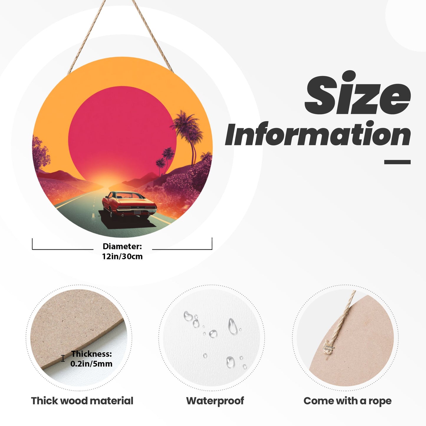 Round Wooden Wall Art · Driver’s View Sunset Road | Retro Artistic Wall Hanging Decor | Waterproof Thick Wood with Rope, Perfect for Home & Café