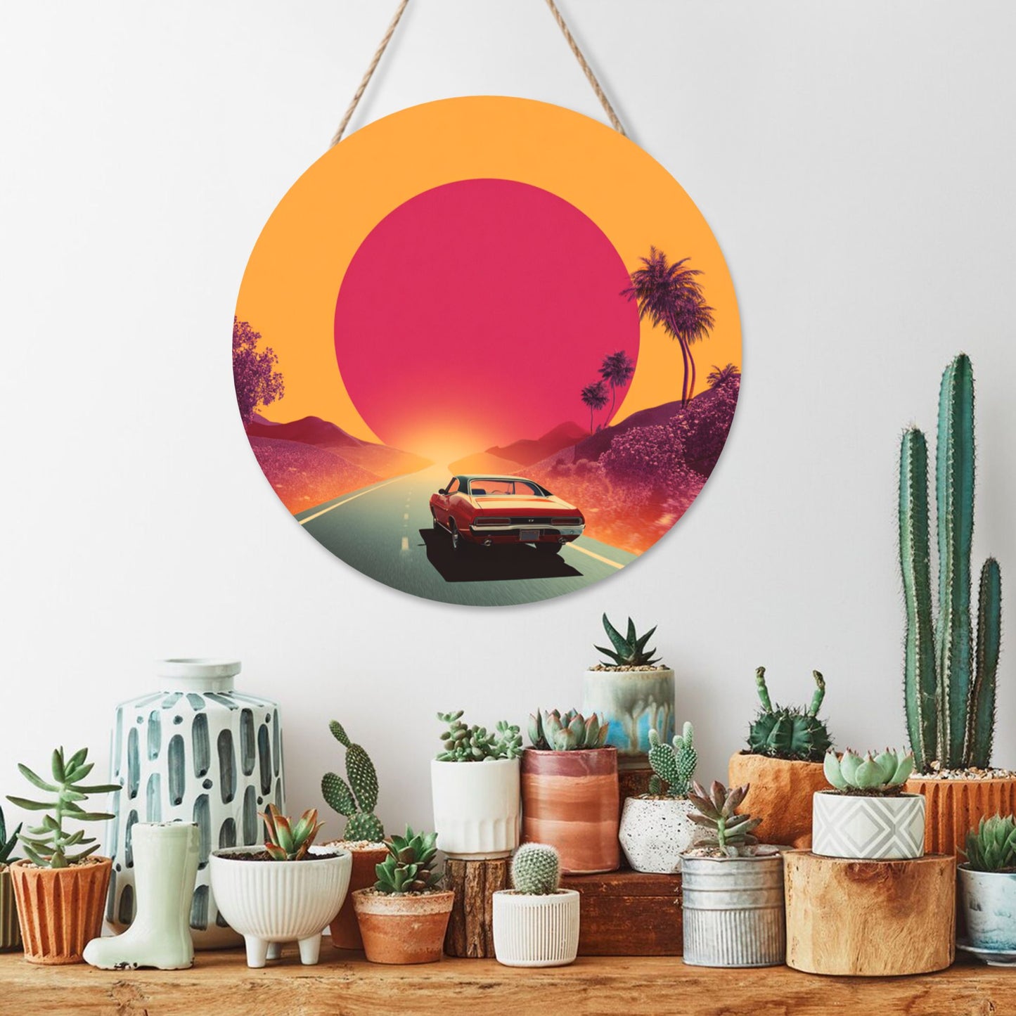 Round Wooden Wall Art · Driver’s View Sunset Road | Retro Artistic Wall Hanging Decor | Waterproof Thick Wood with Rope, Perfect for Home & Café