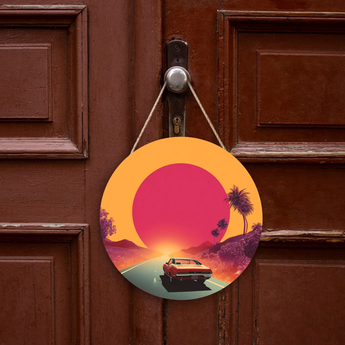 Round Wooden Wall Art · Driver’s View Sunset Road | Retro Artistic Wall Hanging Decor | Waterproof Thick Wood with Rope, Perfect for Home & Café
