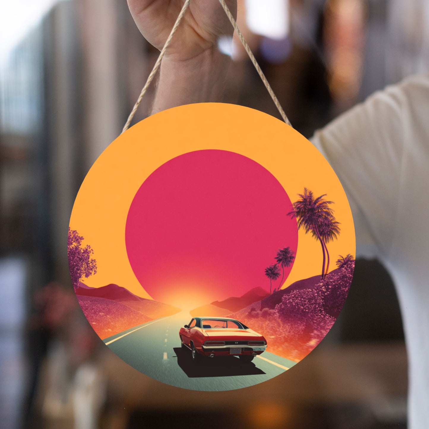 Round Wooden Wall Art · Driver’s View Sunset Road | Retro Artistic Wall Hanging Decor | Waterproof Thick Wood with Rope, Perfect for Home & Café