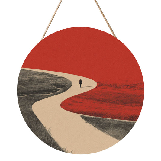 Round Wooden Wall Art · Curved Road & Walker | Minimalist Abstract Wall Hanging Decor | Waterproof Thick Wood with Rope for Home & Café