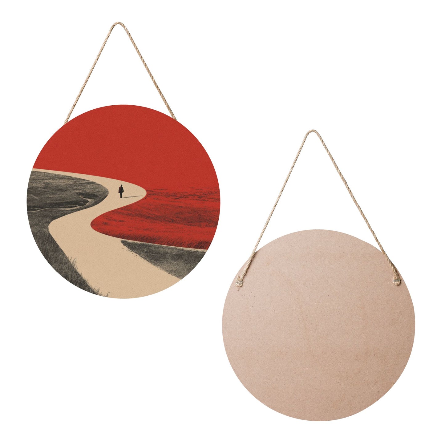 Round Wooden Wall Art · Curved Road & Walker | Minimalist Abstract Wall Hanging Decor | Waterproof Thick Wood with Rope for Home & Café
