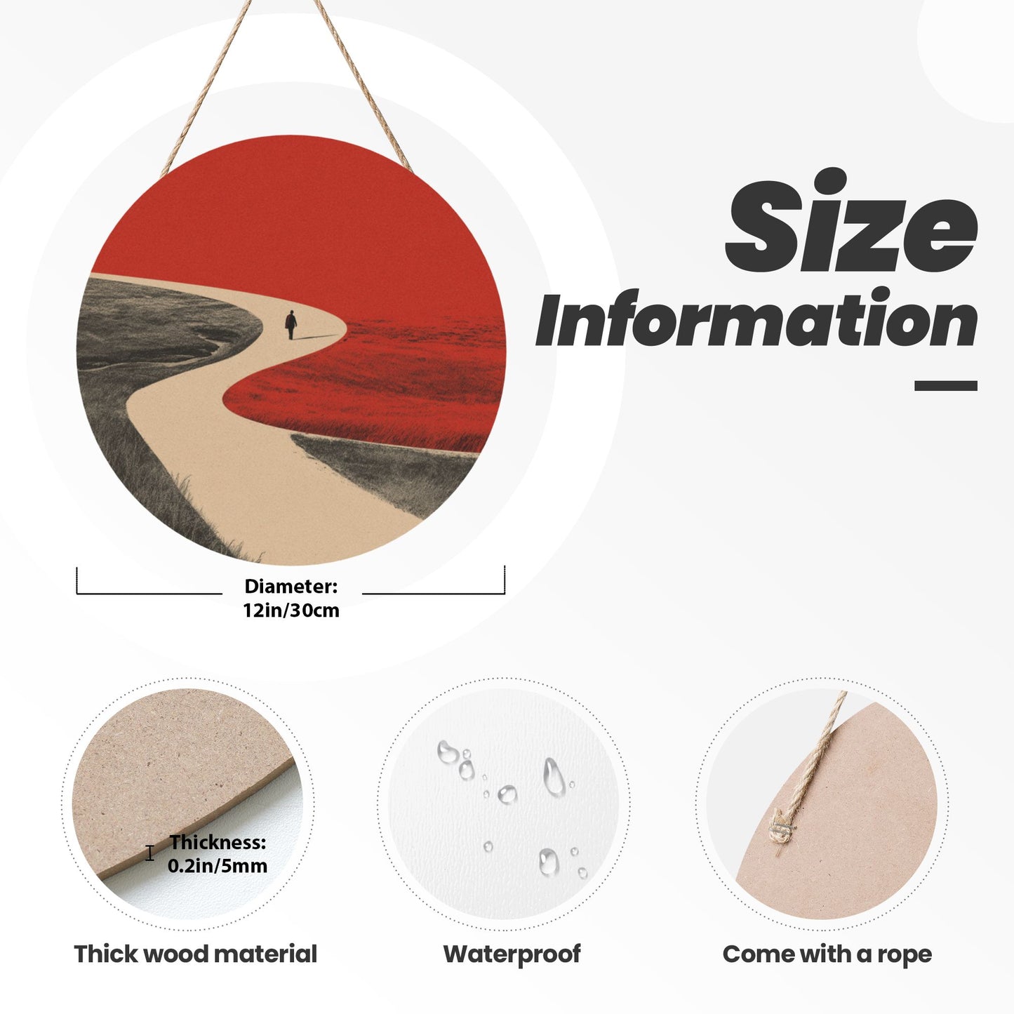 Round Wooden Wall Art · Curved Road & Walker | Minimalist Abstract Wall Hanging Decor | Waterproof Thick Wood with Rope for Home & Café