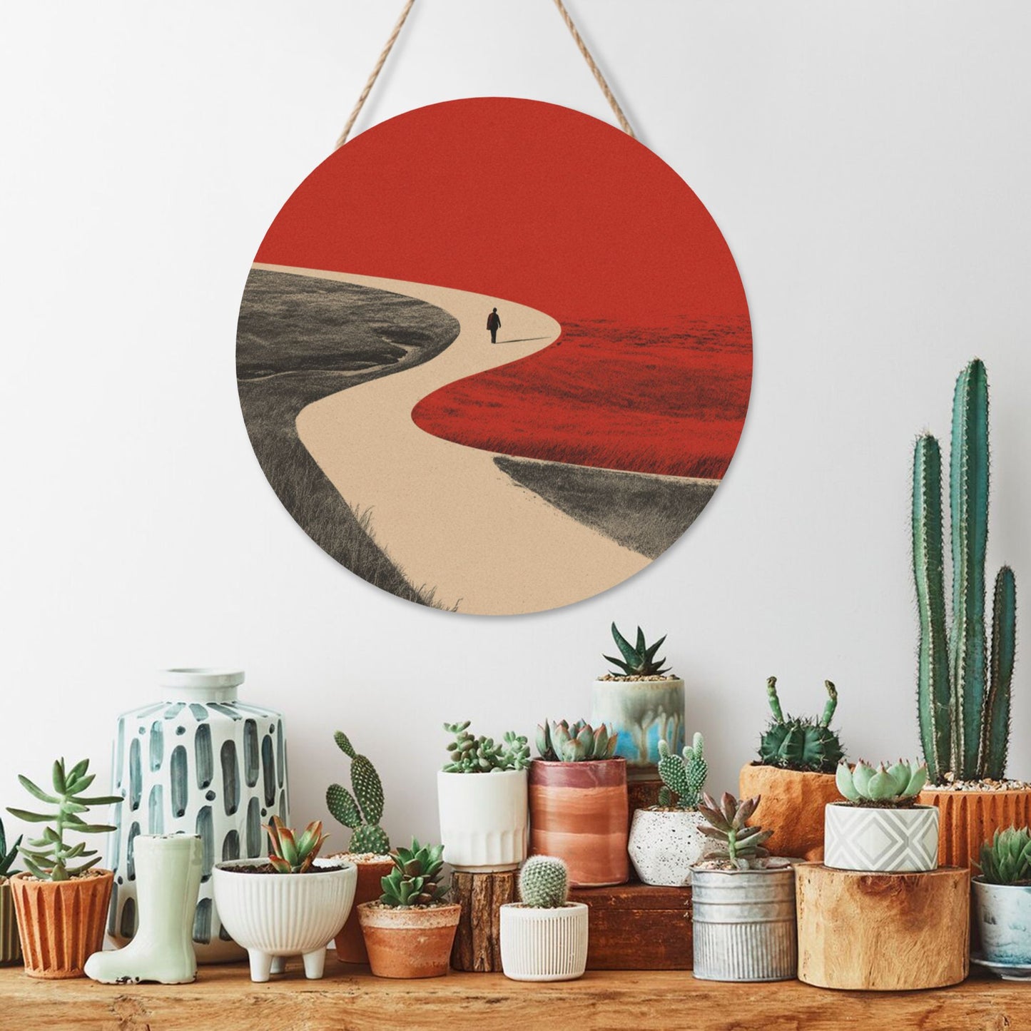 Round Wooden Wall Art · Curved Road & Walker | Minimalist Abstract Wall Hanging Decor | Waterproof Thick Wood with Rope for Home & Café