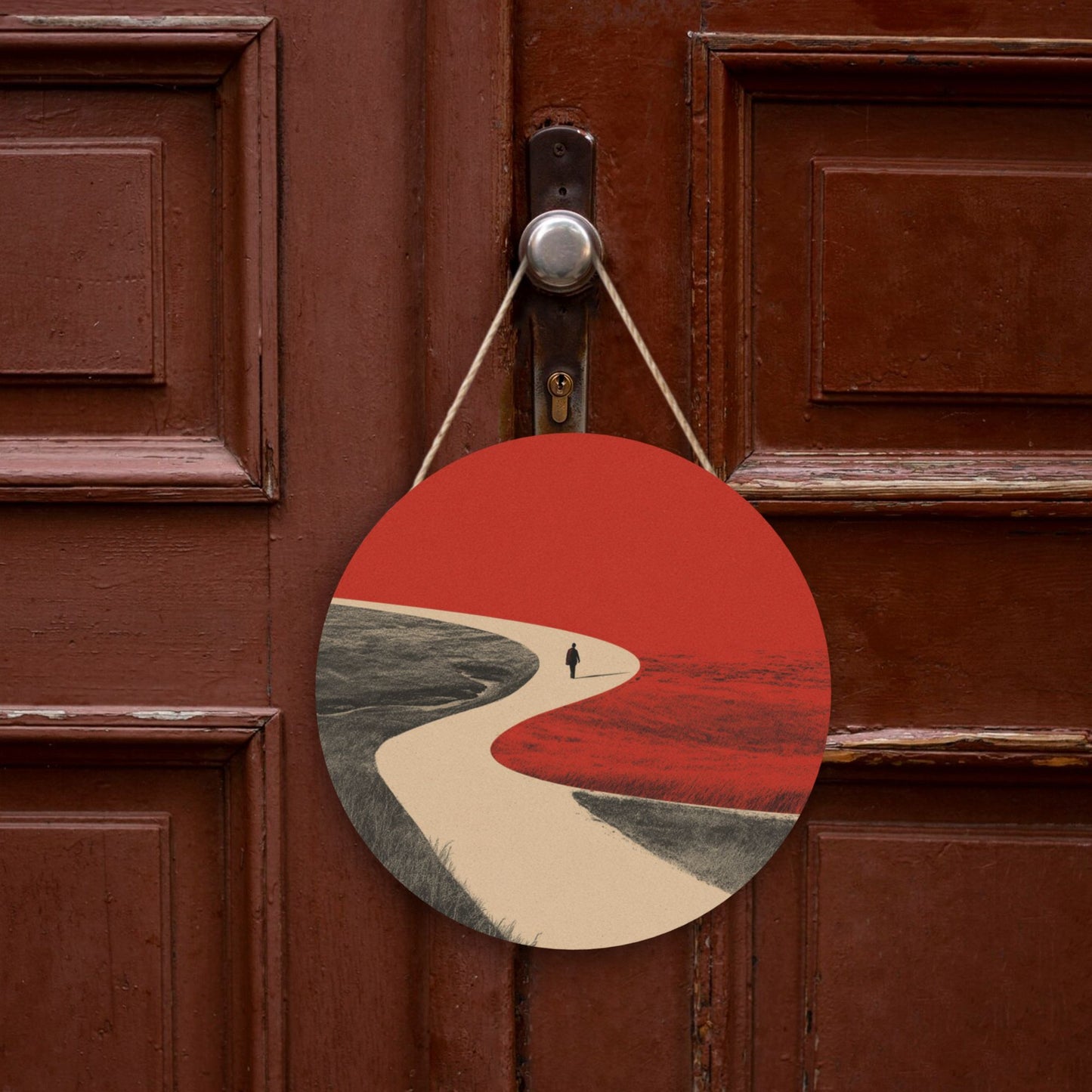 Round Wooden Wall Art · Curved Road & Walker | Minimalist Abstract Wall Hanging Decor | Waterproof Thick Wood with Rope for Home & Café