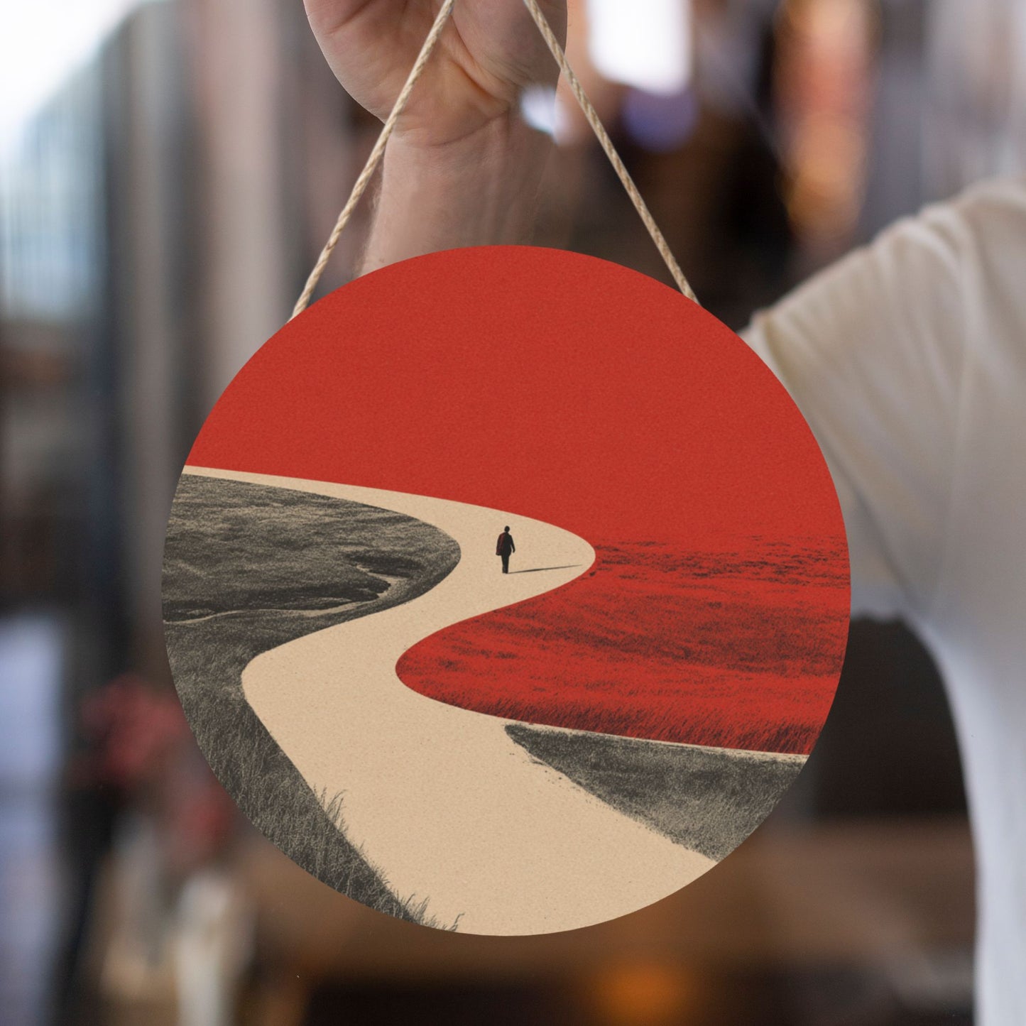 Round Wooden Wall Art · Curved Road & Walker | Minimalist Abstract Wall Hanging Decor | Waterproof Thick Wood with Rope for Home & Café