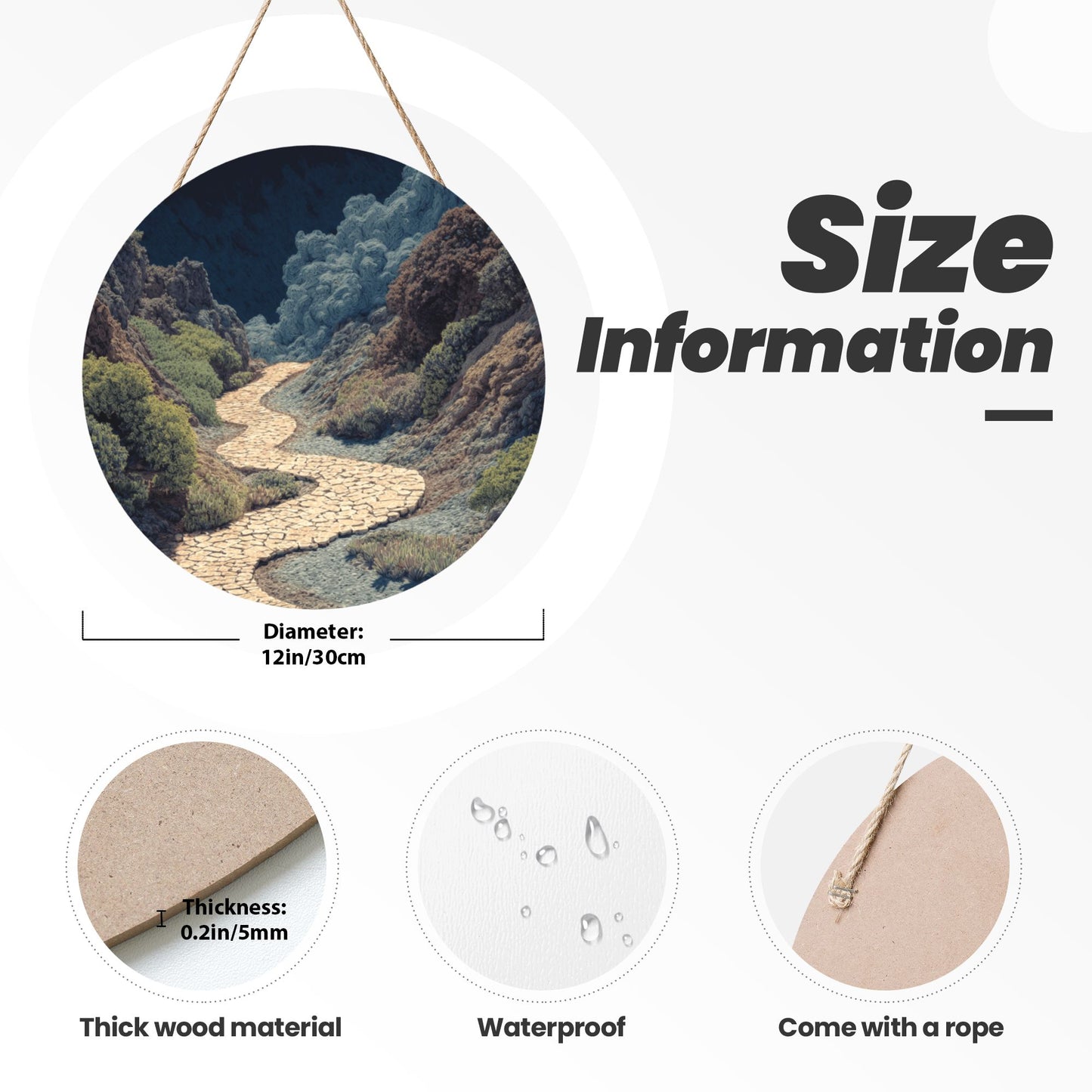 Round Wooden Wall Art · Valley Pathway Design | Nature-Inspired Wall Hanging Decor | Waterproof Thick Wood with Rope, Ideal for Home & Café