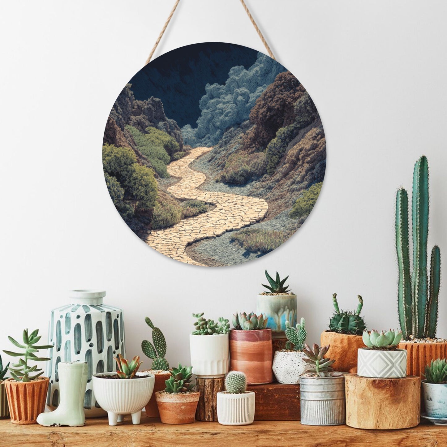 Round Wooden Wall Art · Valley Pathway Design | Nature-Inspired Wall Hanging Decor | Waterproof Thick Wood with Rope, Ideal for Home & Café