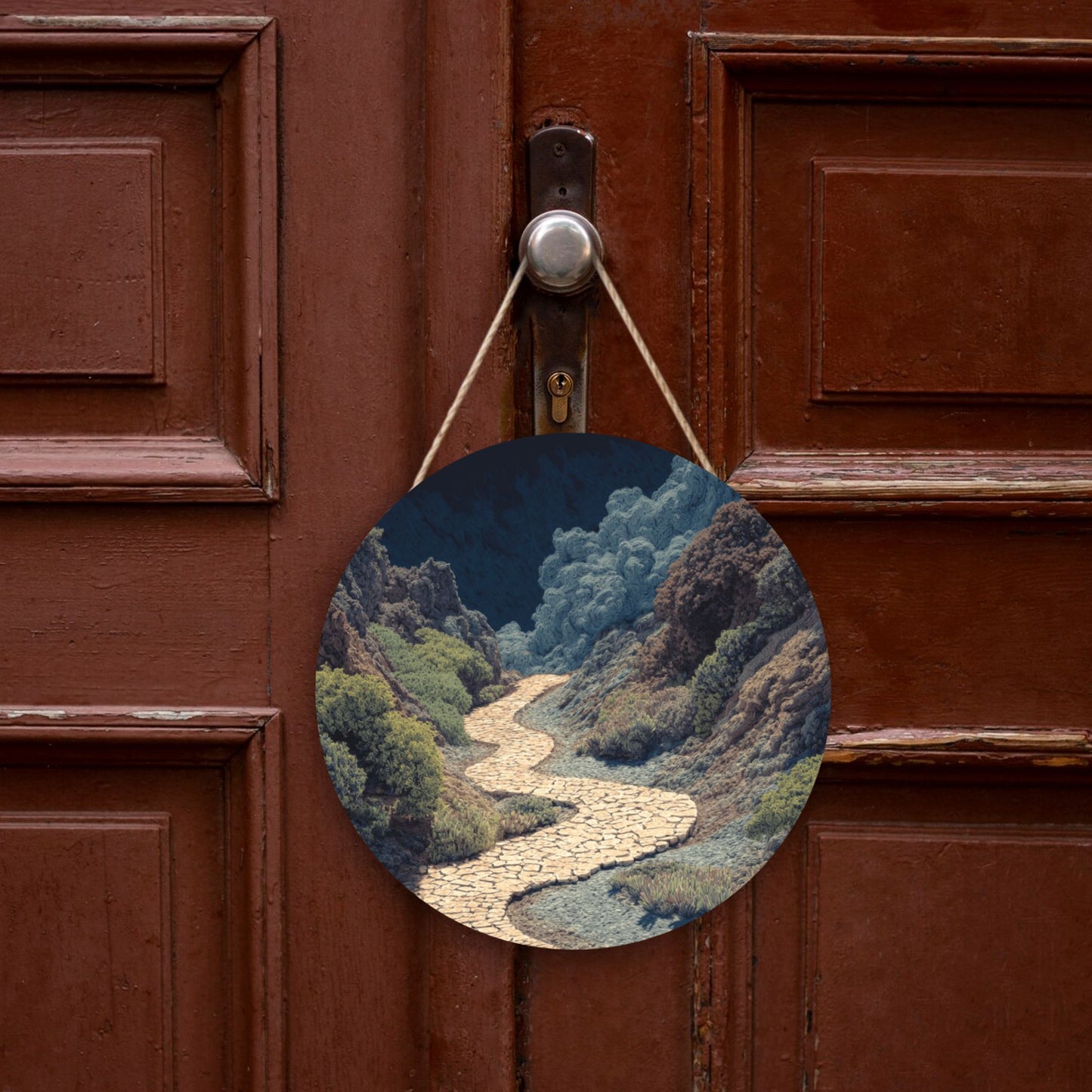 Round Wooden Wall Art · Valley Pathway Design | Nature-Inspired Wall Hanging Decor | Waterproof Thick Wood with Rope, Ideal for Home & Café