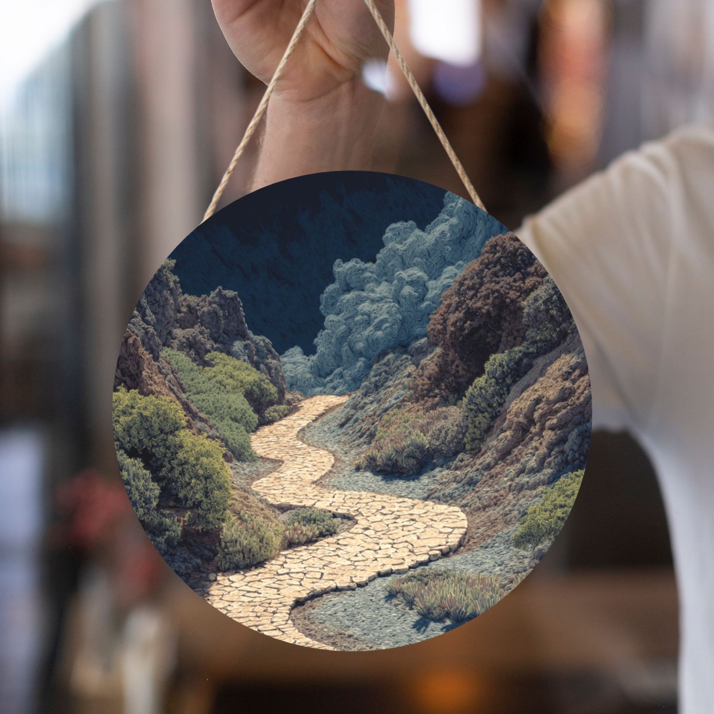 Round Wooden Wall Art · Valley Pathway Design | Nature-Inspired Wall Hanging Decor | Waterproof Thick Wood with Rope, Ideal for Home & Café