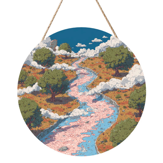 Round Wooden Wall Art · River Valley Design | Nature-Inspired Artistic Wall Hanging Decor | Waterproof Thick Wood with Rope, Ideal for Home & Café