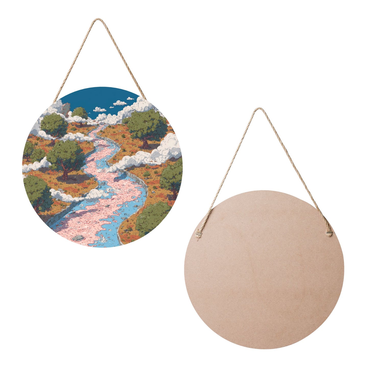 Round Wooden Wall Art · River Valley Design | Nature-Inspired Artistic Wall Hanging Decor | Waterproof Thick Wood with Rope, Ideal for Home & Café