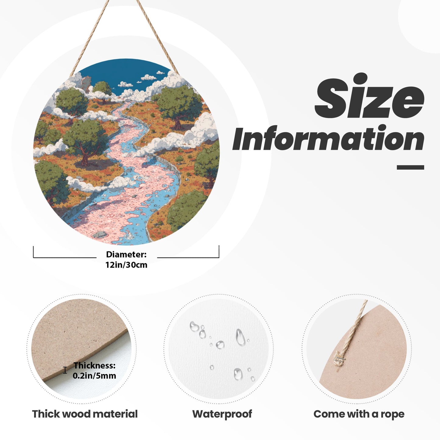 Round Wooden Wall Art · River Valley Design | Nature-Inspired Artistic Wall Hanging Decor | Waterproof Thick Wood with Rope, Ideal for Home & Café