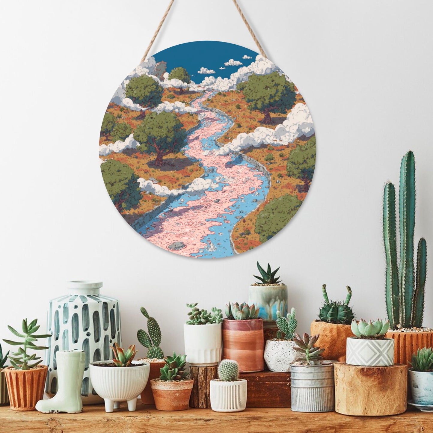 Round Wooden Wall Art · River Valley Design | Nature-Inspired Artistic Wall Hanging Decor | Waterproof Thick Wood with Rope, Ideal for Home & Café