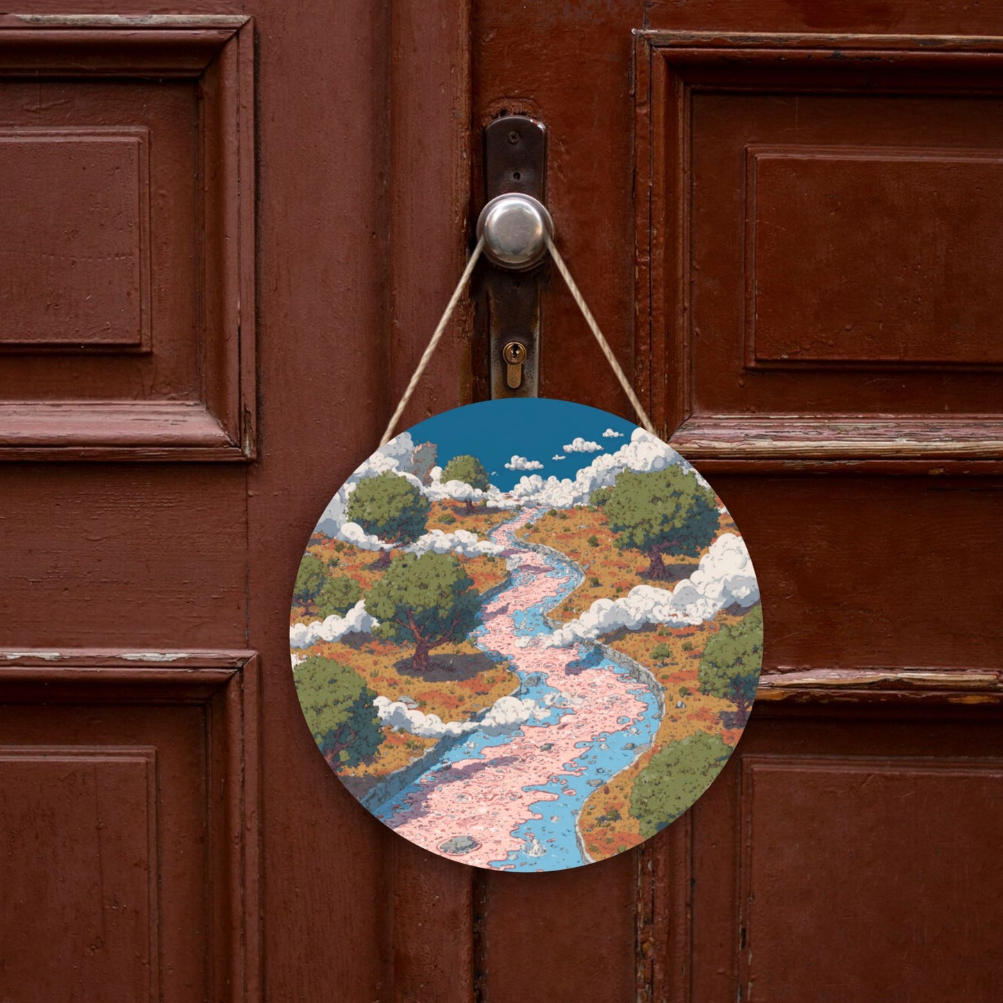 Round Wooden Wall Art · River Valley Design | Nature-Inspired Artistic Wall Hanging Decor | Waterproof Thick Wood with Rope, Ideal for Home & Café