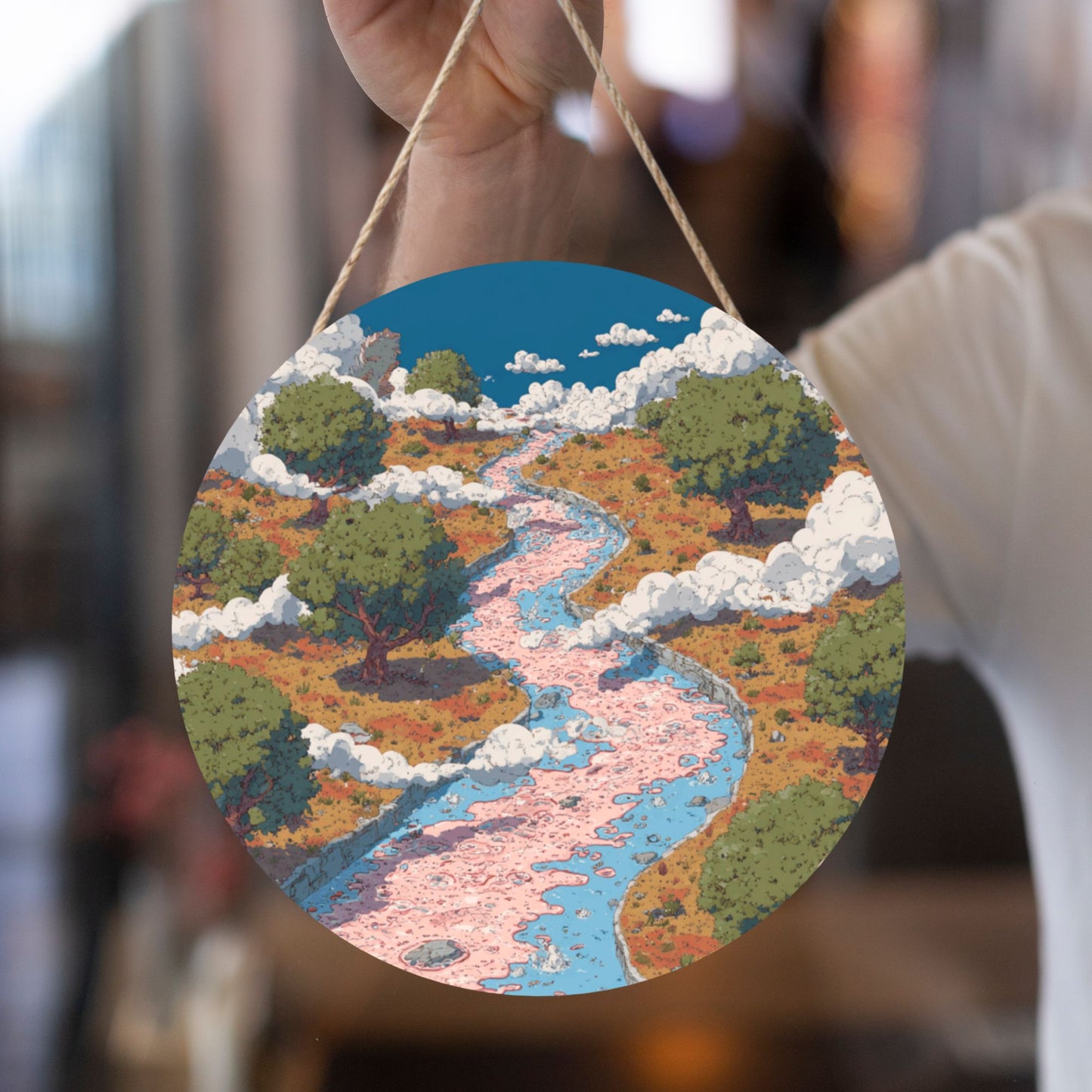 Round Wooden Wall Art · River Valley Design | Nature-Inspired Artistic Wall Hanging Decor | Waterproof Thick Wood with Rope, Ideal for Home & Café