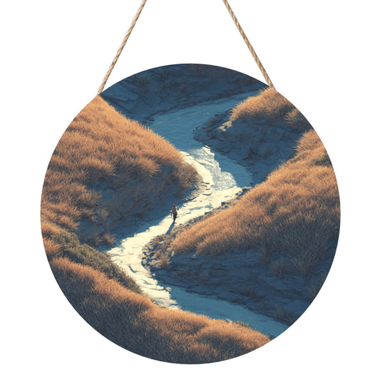 Round Wooden Wall Art · Valley Stream & Walker | Nature-Inspired Artistic Wall Hanging Decor | Waterproof Thick Wood with Rope for Home & Café