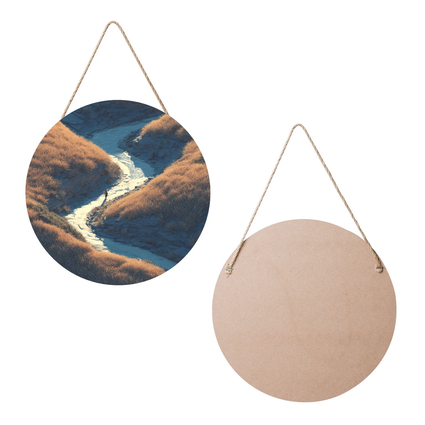 Round Wooden Wall Art · Valley Stream & Walker | Nature-Inspired Artistic Wall Hanging Decor | Waterproof Thick Wood with Rope for Home & Café