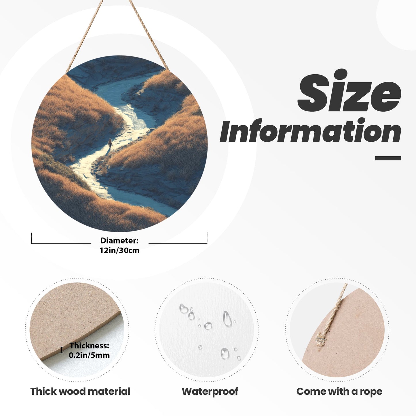 Round Wooden Wall Art · Valley Stream & Walker | Nature-Inspired Artistic Wall Hanging Decor | Waterproof Thick Wood with Rope for Home & Café