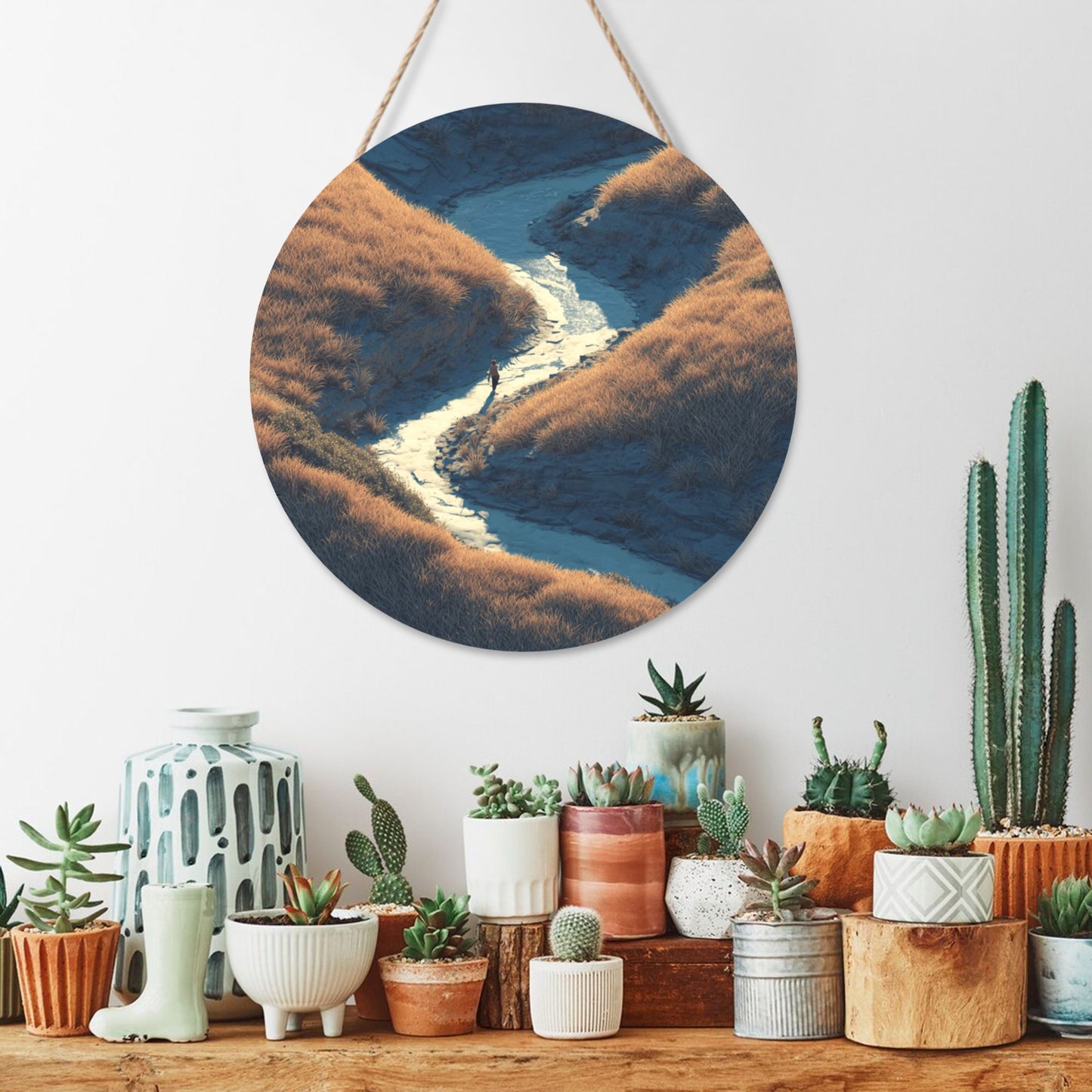 Round Wooden Wall Art · Valley Stream & Walker | Nature-Inspired Artistic Wall Hanging Decor | Waterproof Thick Wood with Rope for Home & Café