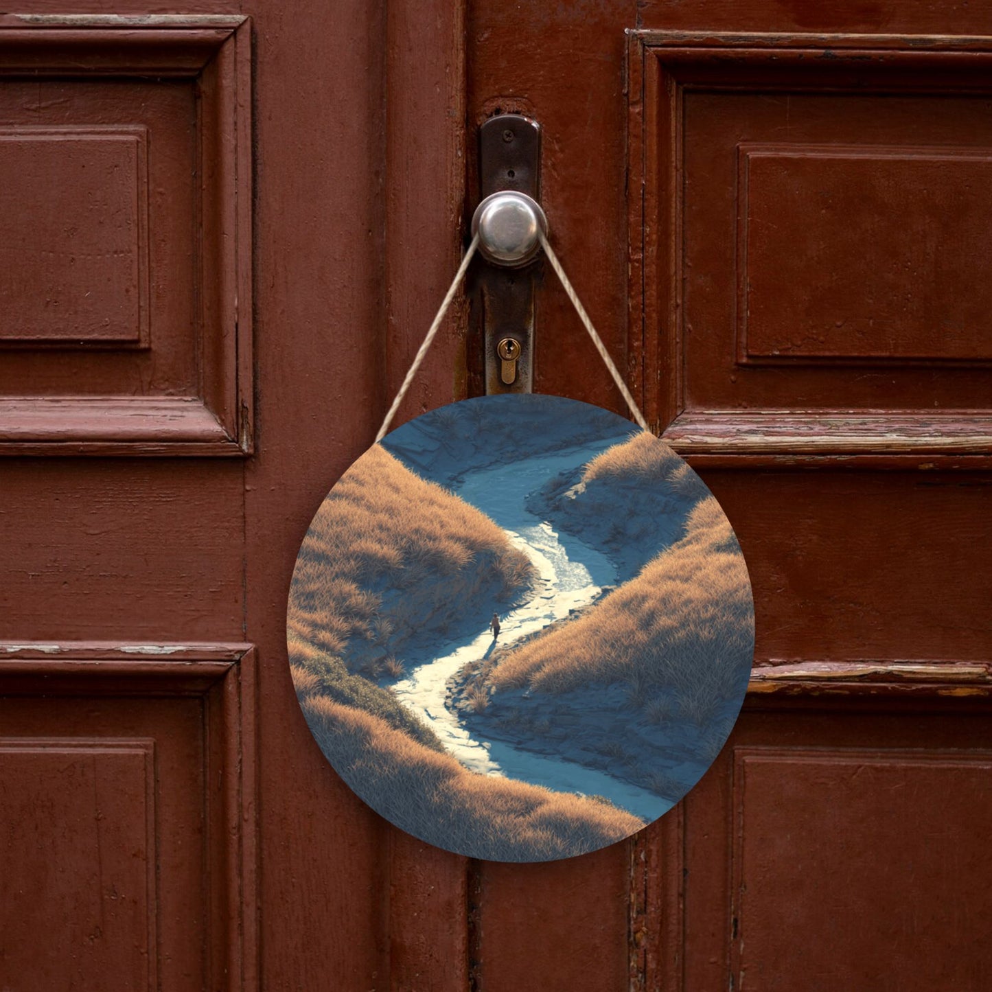 Round Wooden Wall Art · Valley Stream & Walker | Nature-Inspired Artistic Wall Hanging Decor | Waterproof Thick Wood with Rope for Home & Café