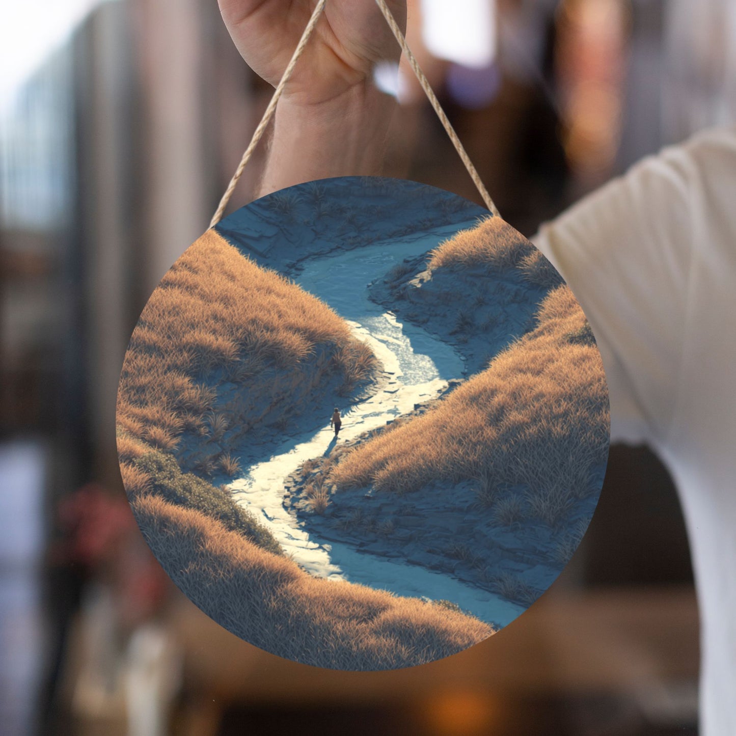 Round Wooden Wall Art · Valley Stream & Walker | Nature-Inspired Artistic Wall Hanging Decor | Waterproof Thick Wood with Rope for Home & Café